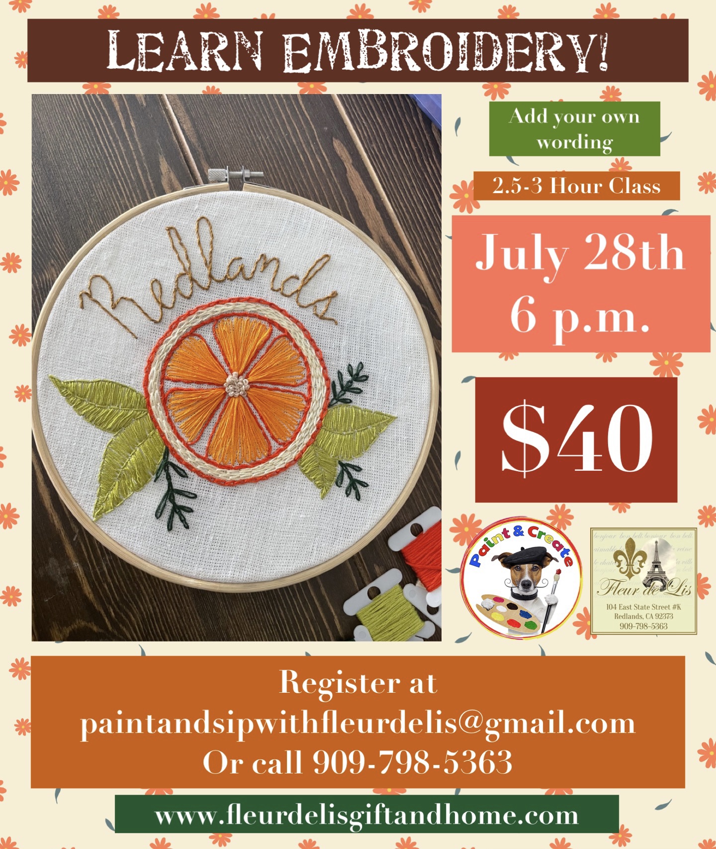 Learn Embroidery July 28th 6 p.m.